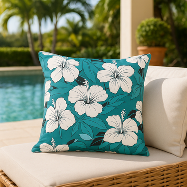 Teal pillow with white floral pattern on a wicker chair by a poolside.
